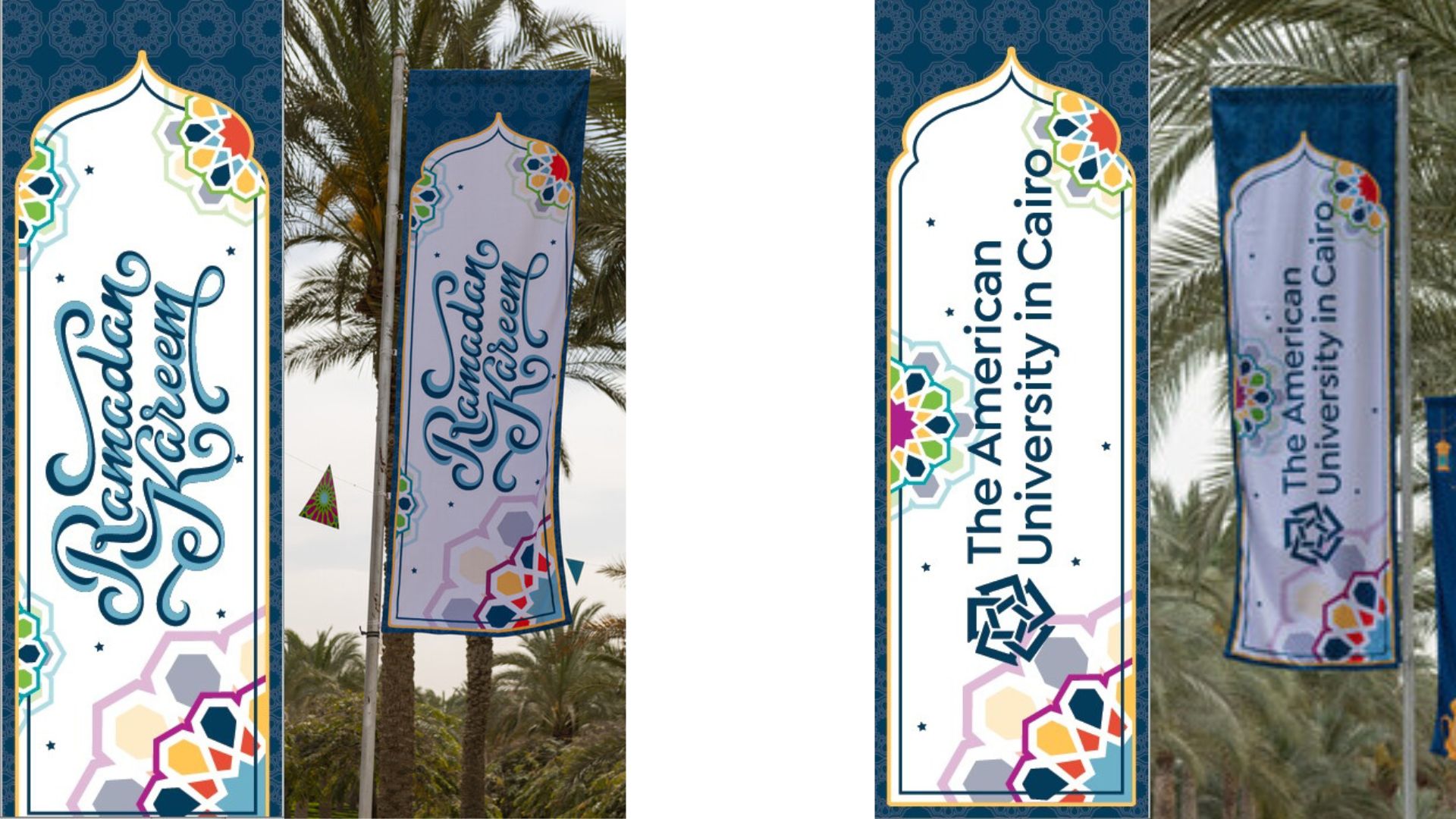 Two photos of Youssef Anwar's banner designs and banners on campus. On the left is a blue and white banner with the words "Ramadan Kareem" with orange, yellow, blue and green geometric designs. On the right, another banner design with the words "American University in Cairo" with the same geometric designs and color scheme. 