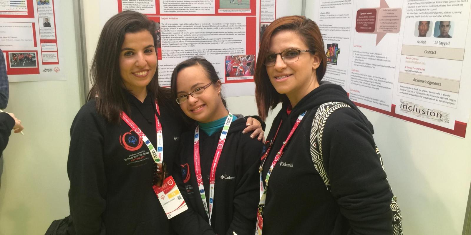 Amira Ahmed, Samira El- Adawy and Sondos Mohamed at the 2017 Global Youth Leadership Summit at the Special Olympics. 