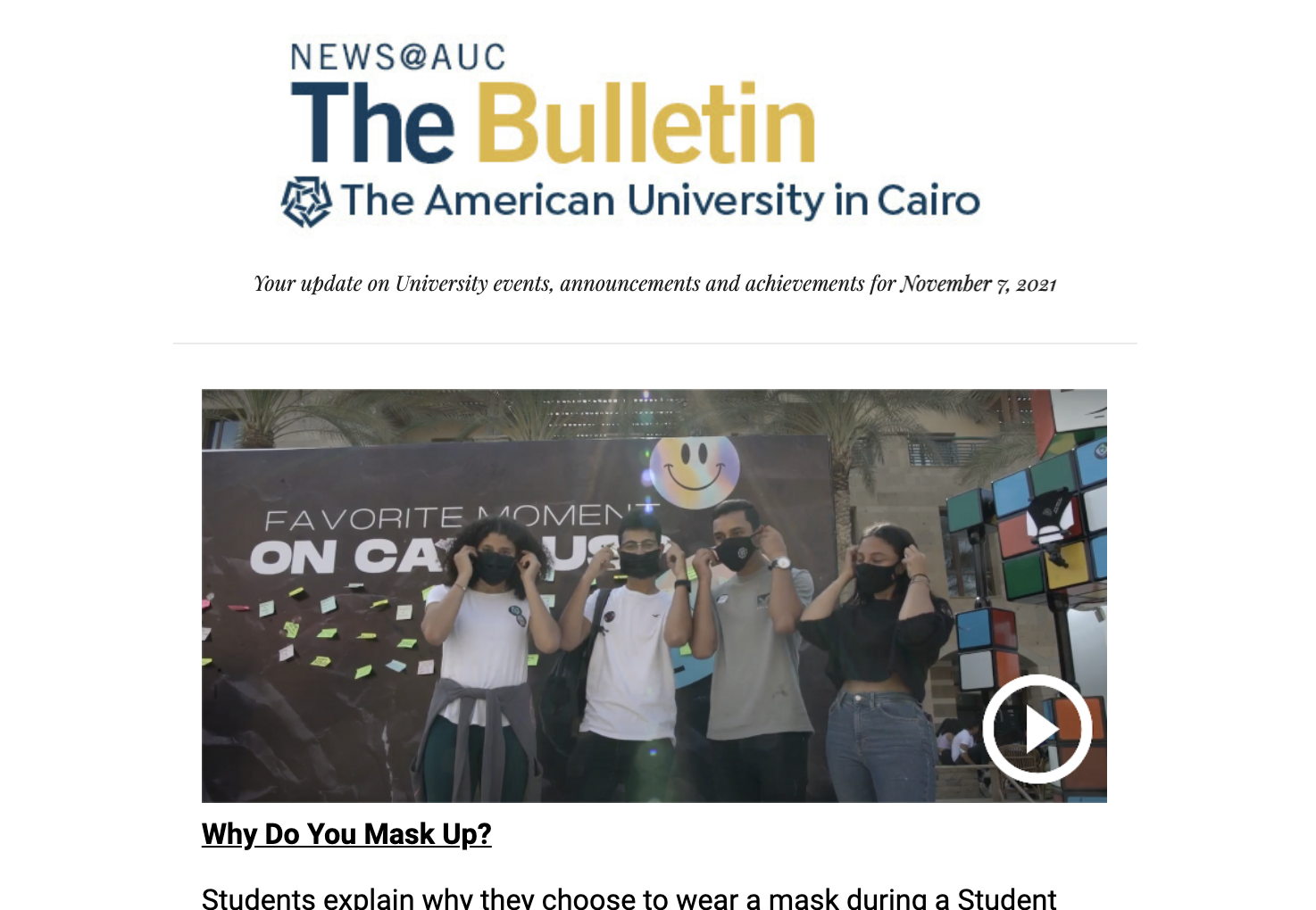 News@AUC Bulletin with photo of masked students