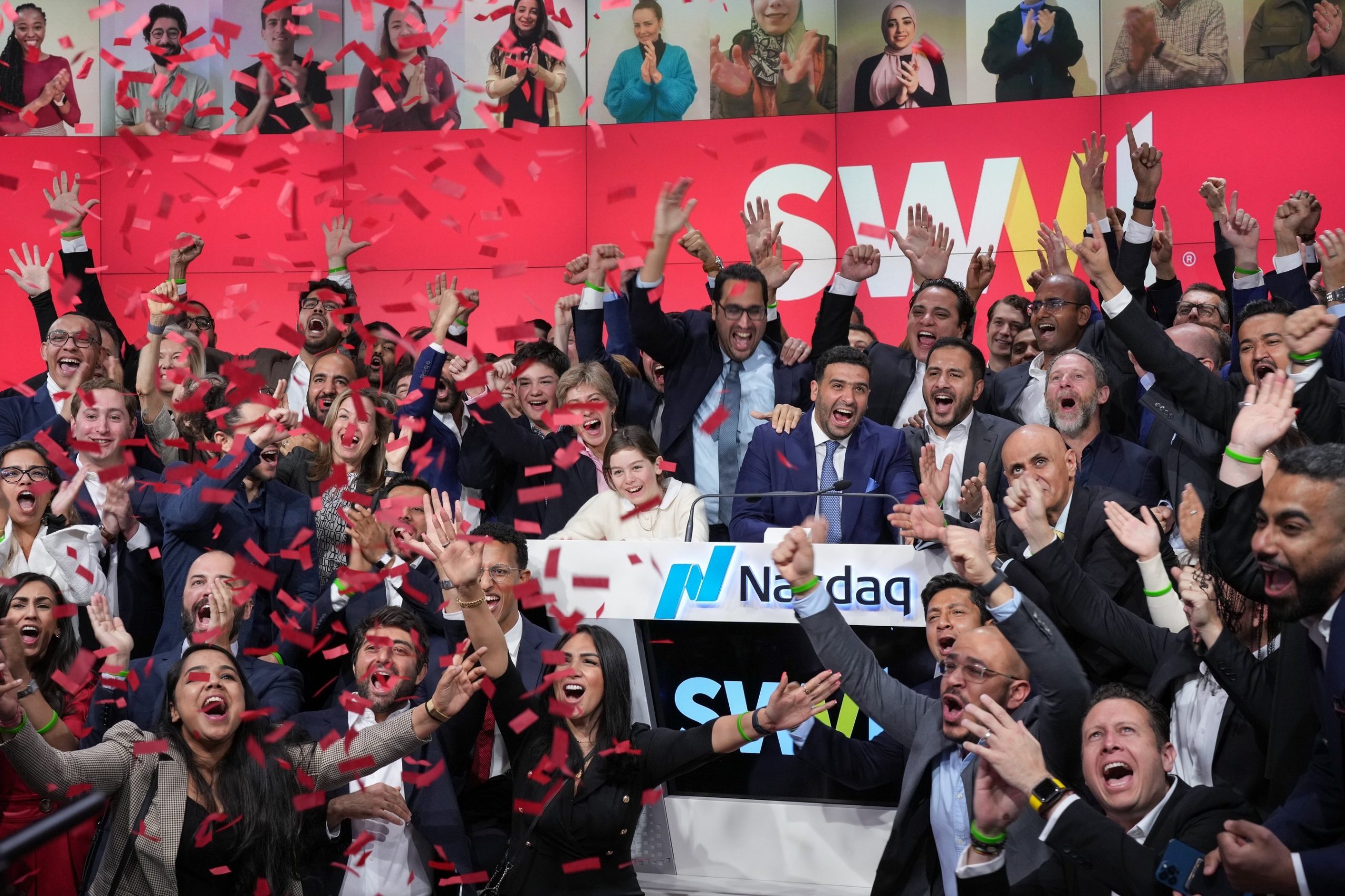 Kandil and co-founders ring the Nasdaq Opening Bell on the day of Swvl's debut