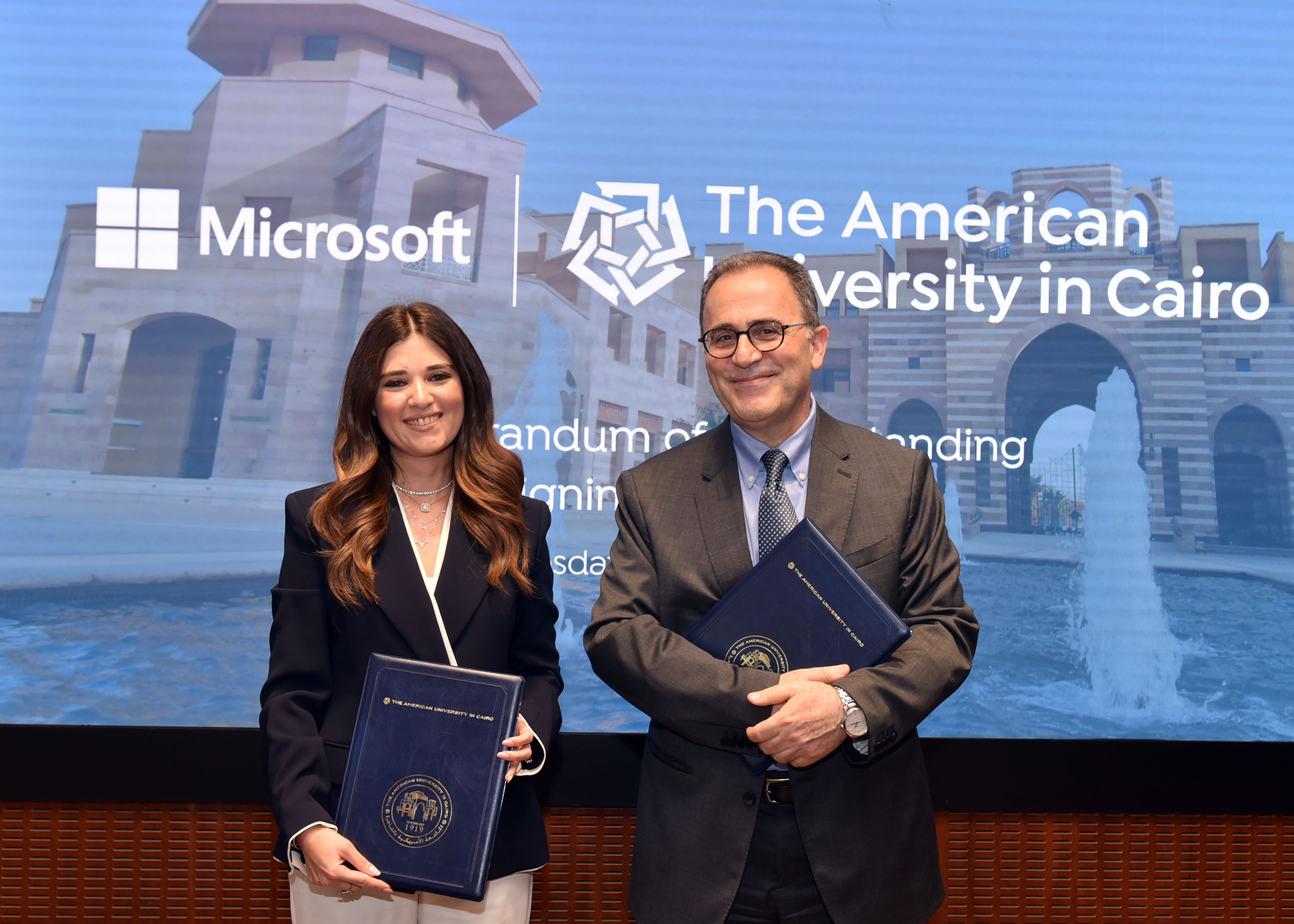 Microsoft Egypt Country Manager Mirna Arif and AUC President Ahmad Dallal