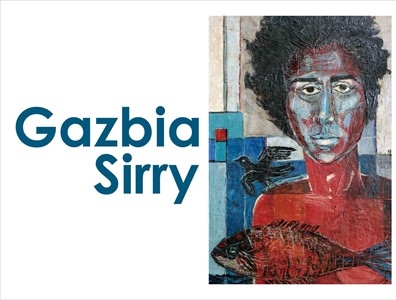 A painting in reds and blues next to the name Gazbia Sirry on a white background