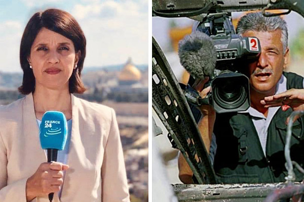 A picture of a woman holding a microphone with al Aqsa Mosque in the background and a picture of a man carrying a video camera on his shoulder and looking through the lens
