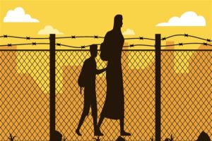 The silhouette of a woman holding a child's hand behind a chain-link fence against a yellow background.