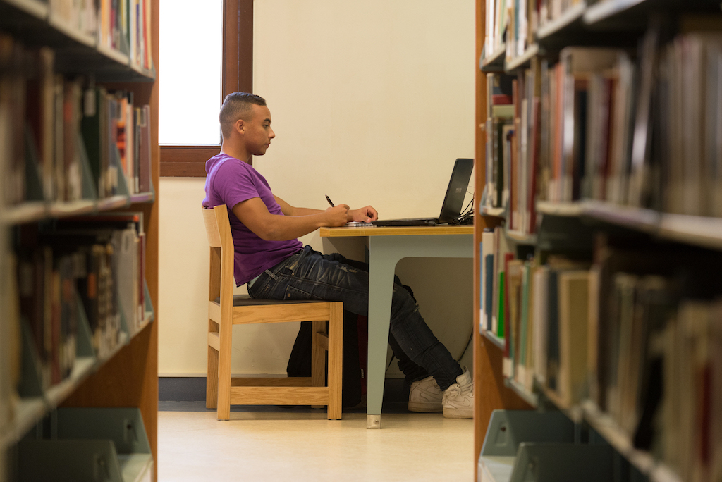 Male student studying in library