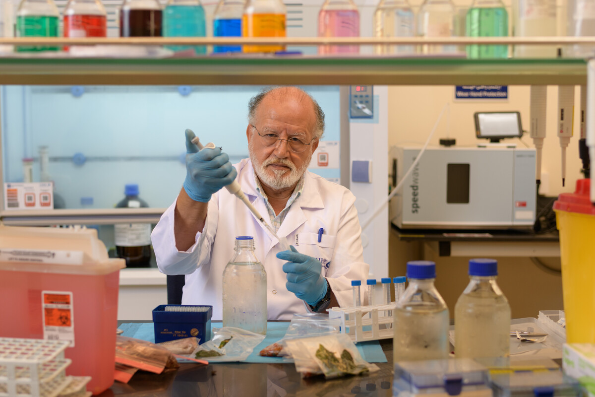 A scientist in a lab holding a test tube