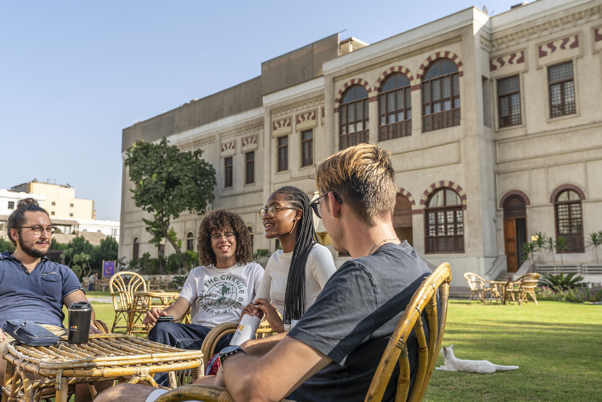 A group of international students sitting in chairs outside a building in the sun