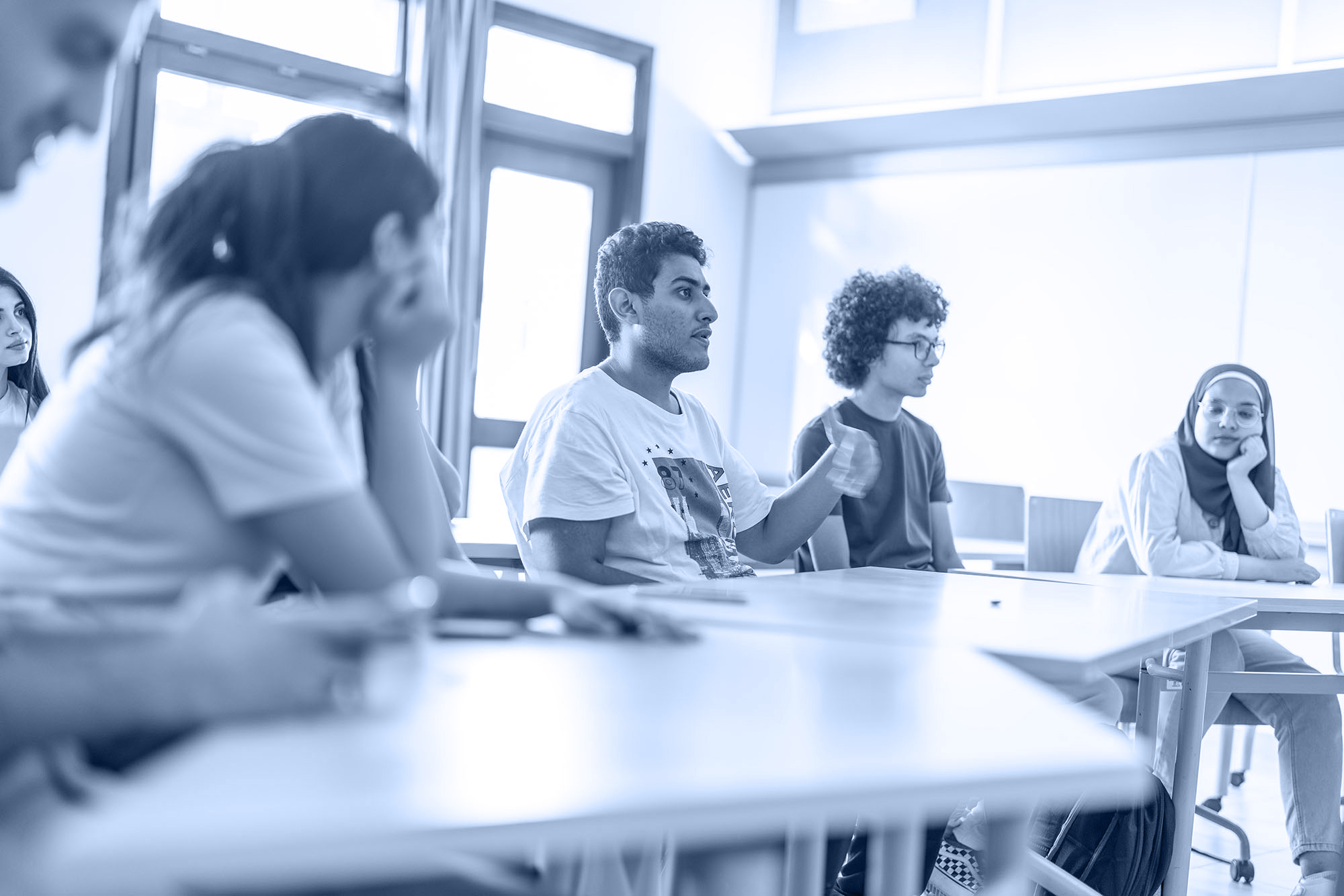 Migration and refugee diploma monotone students discussing topics in class