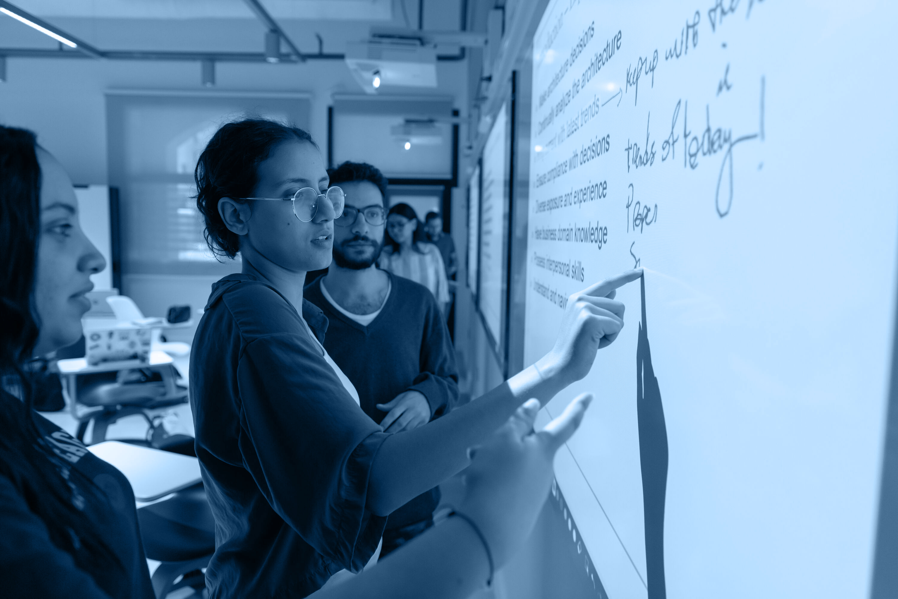 Public administration diploma monotone image of student explaining on white board information