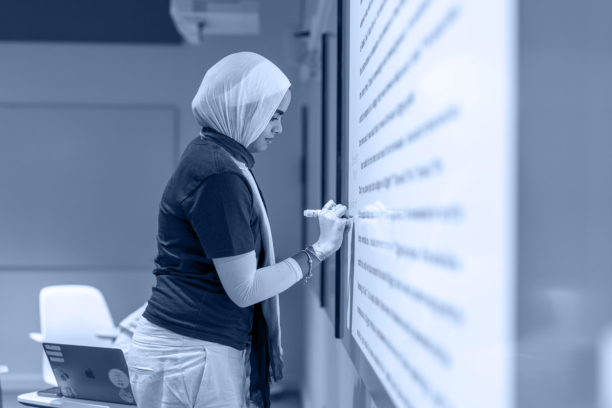 Teaching english to speakers of other languages TESOL monotone banner program image of female student writing on white board