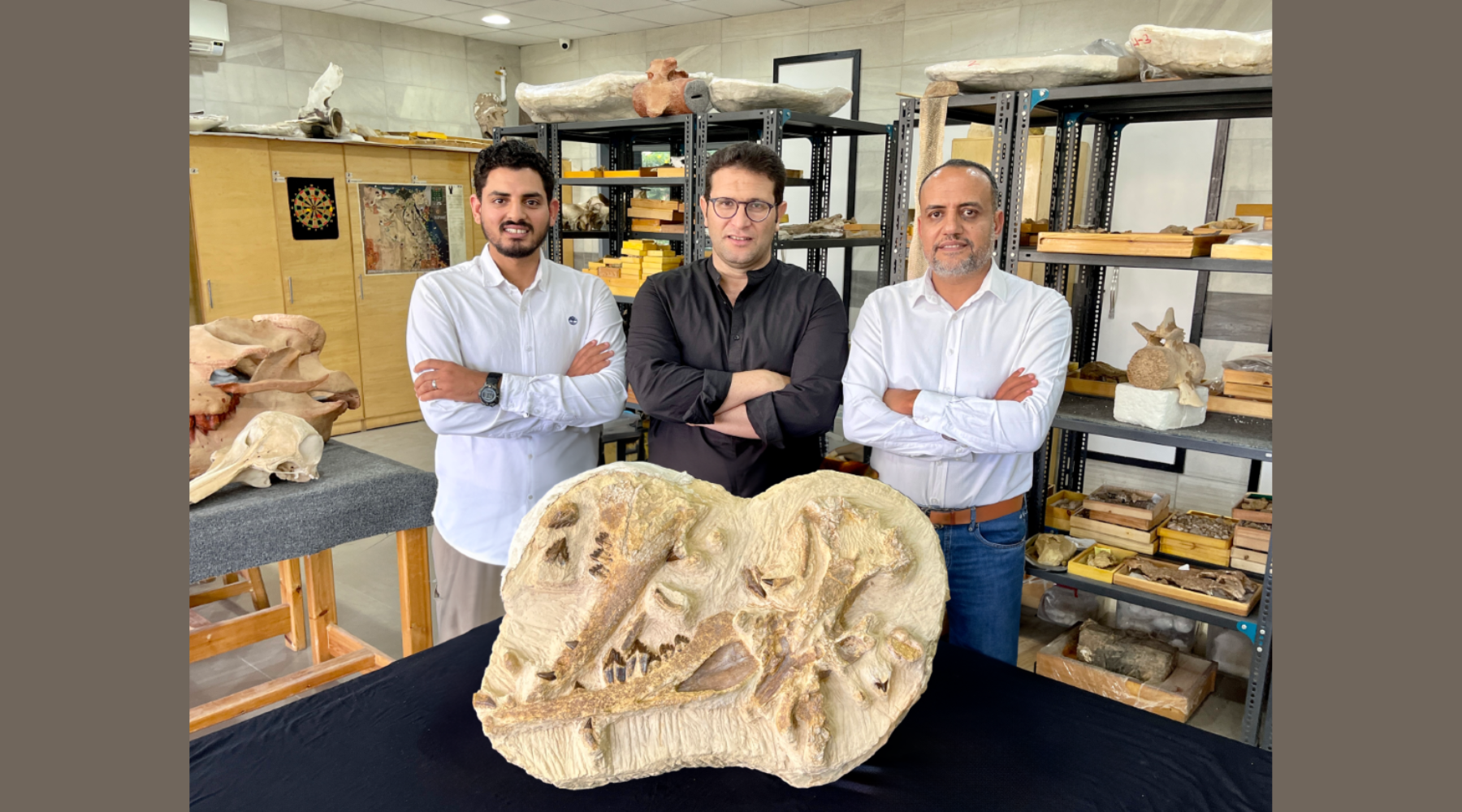 three men stand behind a large fossil in a lab