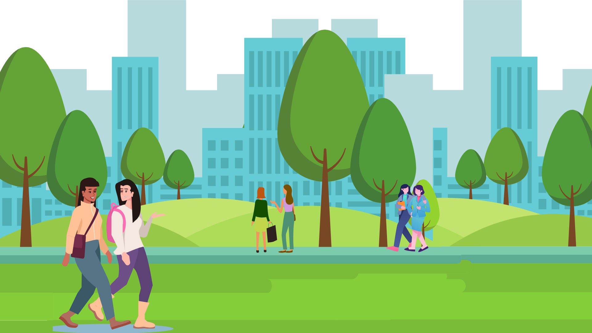 A graphic of women walking in a park in front of a city skyline.