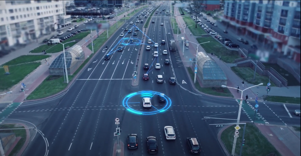 A photo of a street with cars, with blue graphic visualizations of automated vehicle technology