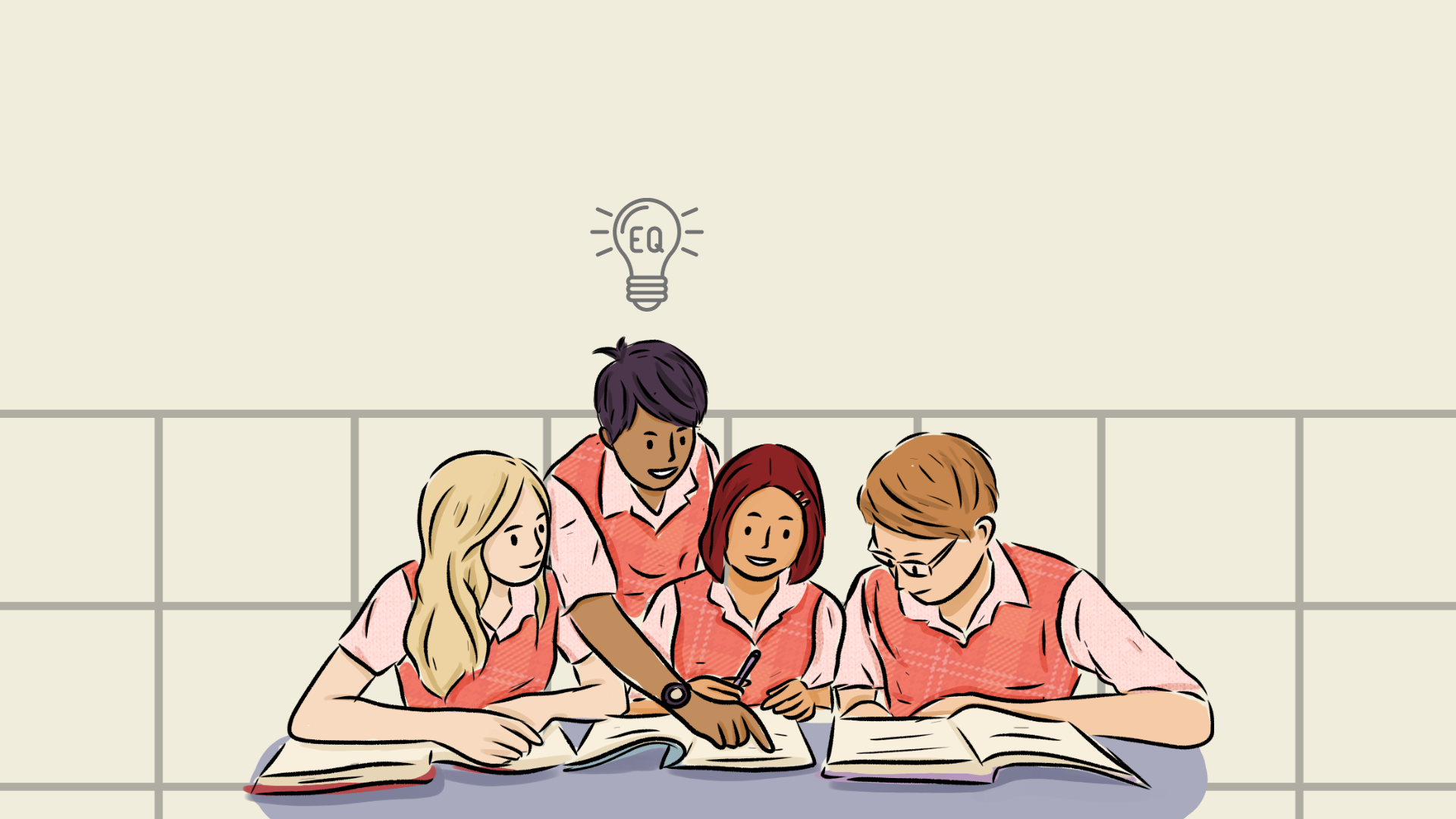 Cartoon of students working with a lightbulb above one of their heads that says "EQ"