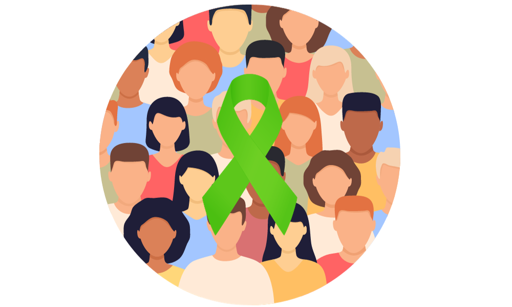 Graphic of a group of faces in a circle with a green ribbon over top