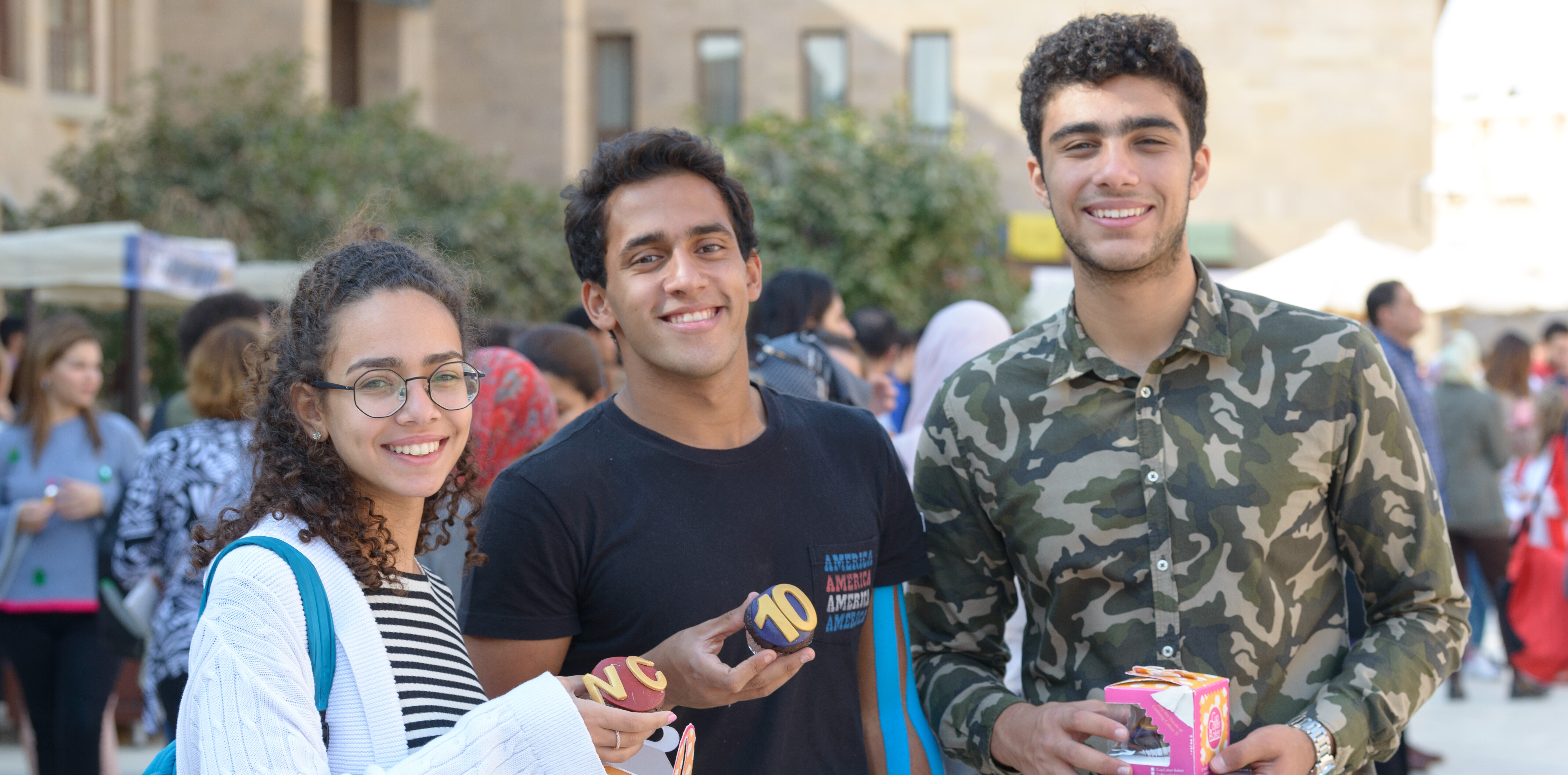 Close up of students on the campus plaza