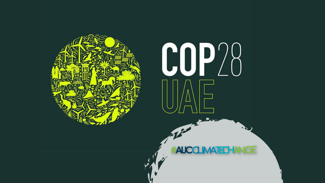 COP28 logo with green background featuring a large circle depicting animals, humans, and nature. AUC Climate Change initative logo in bottom right corner