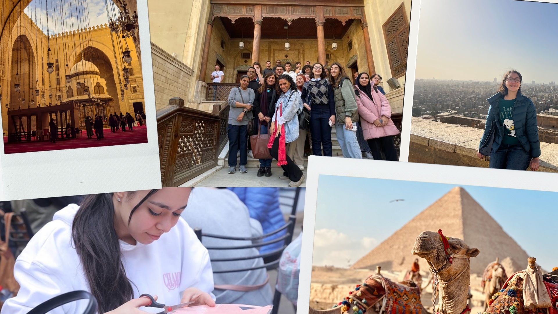 Collage of students doing various activities at historical sites