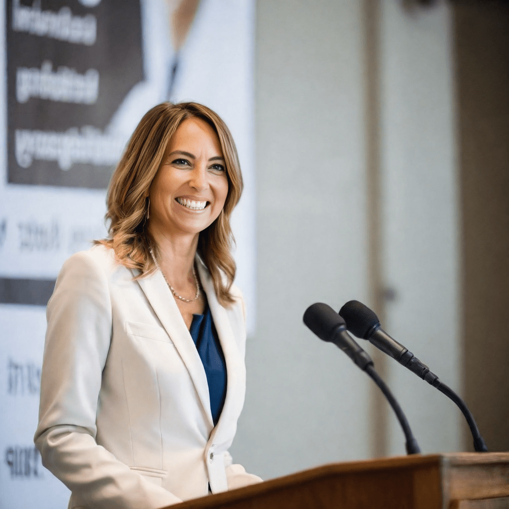 A woman on a podium smiling