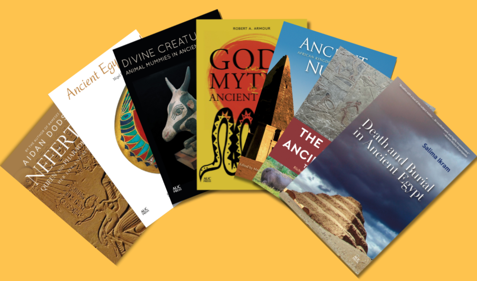 An image of seven books spread in a fan cover which displays each books' individual cover