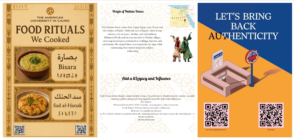 A poster featuring food rituals across Egypt; a paragraph of text about the traditional dances of Nubia and the Reda Troupe's influence; a poster featuring QR codes and a stylized metro station.