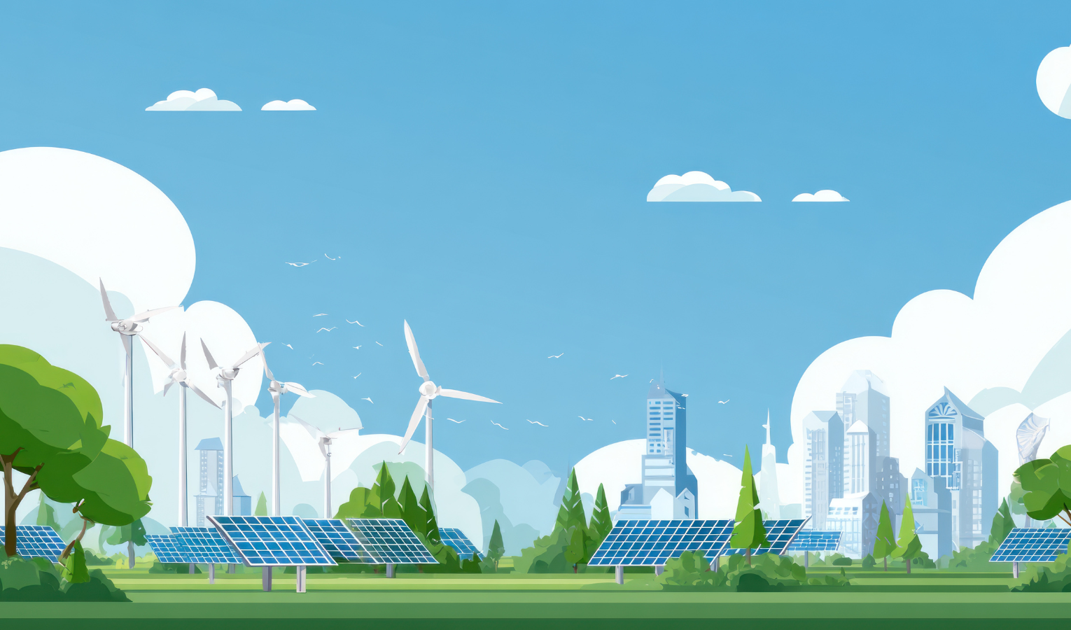 An image of a eco-friendly city with windmills on a grassy landscape