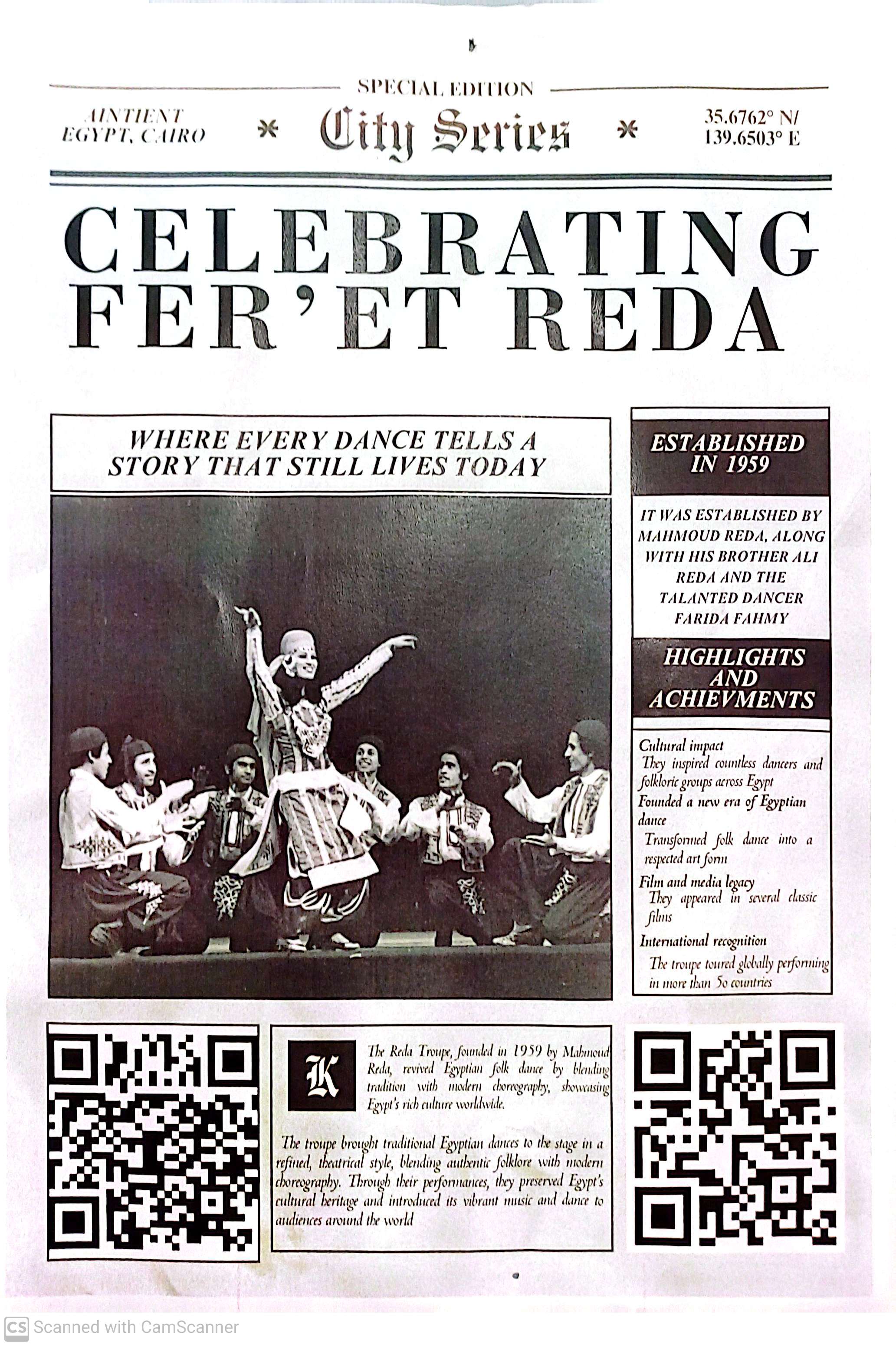 A newspaper with QR codes and an image of a person dancing on stage while a group of drummers perform beside them.
