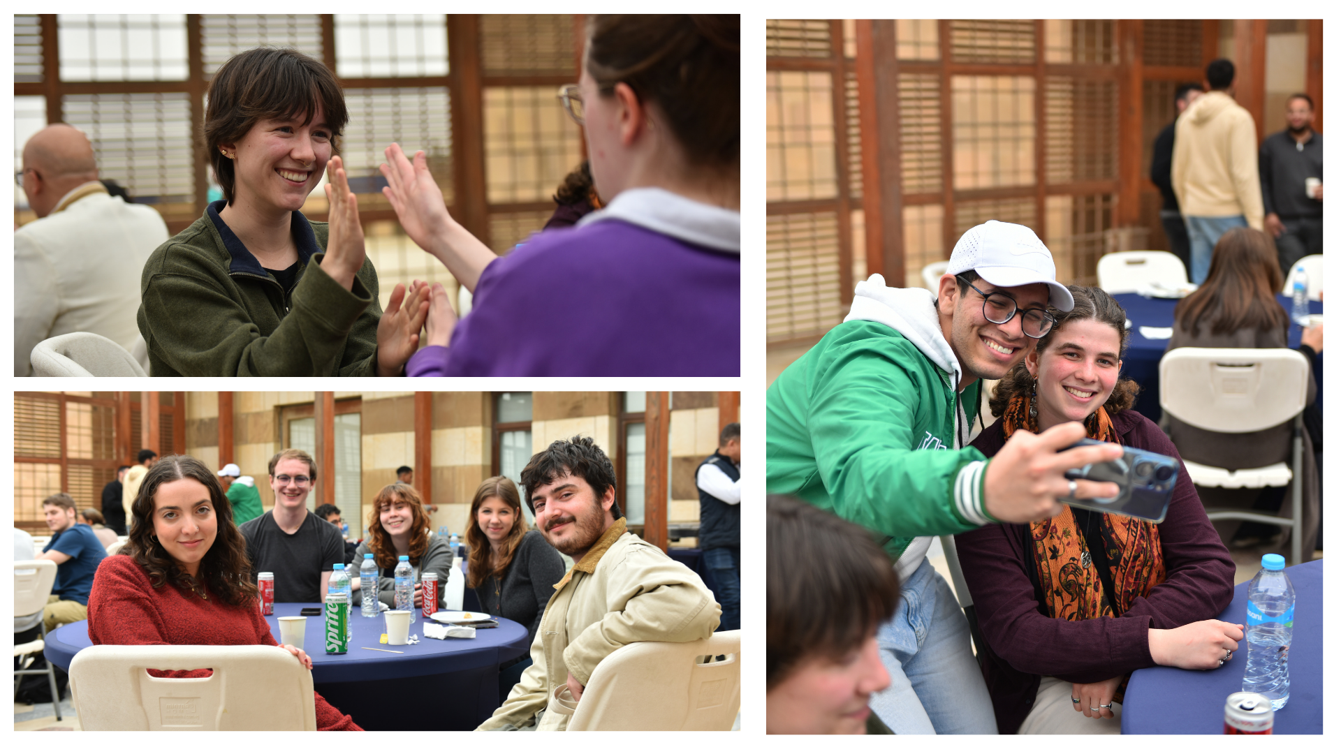 Students play a game; students pose for a selfie while seated; students pose for a photo