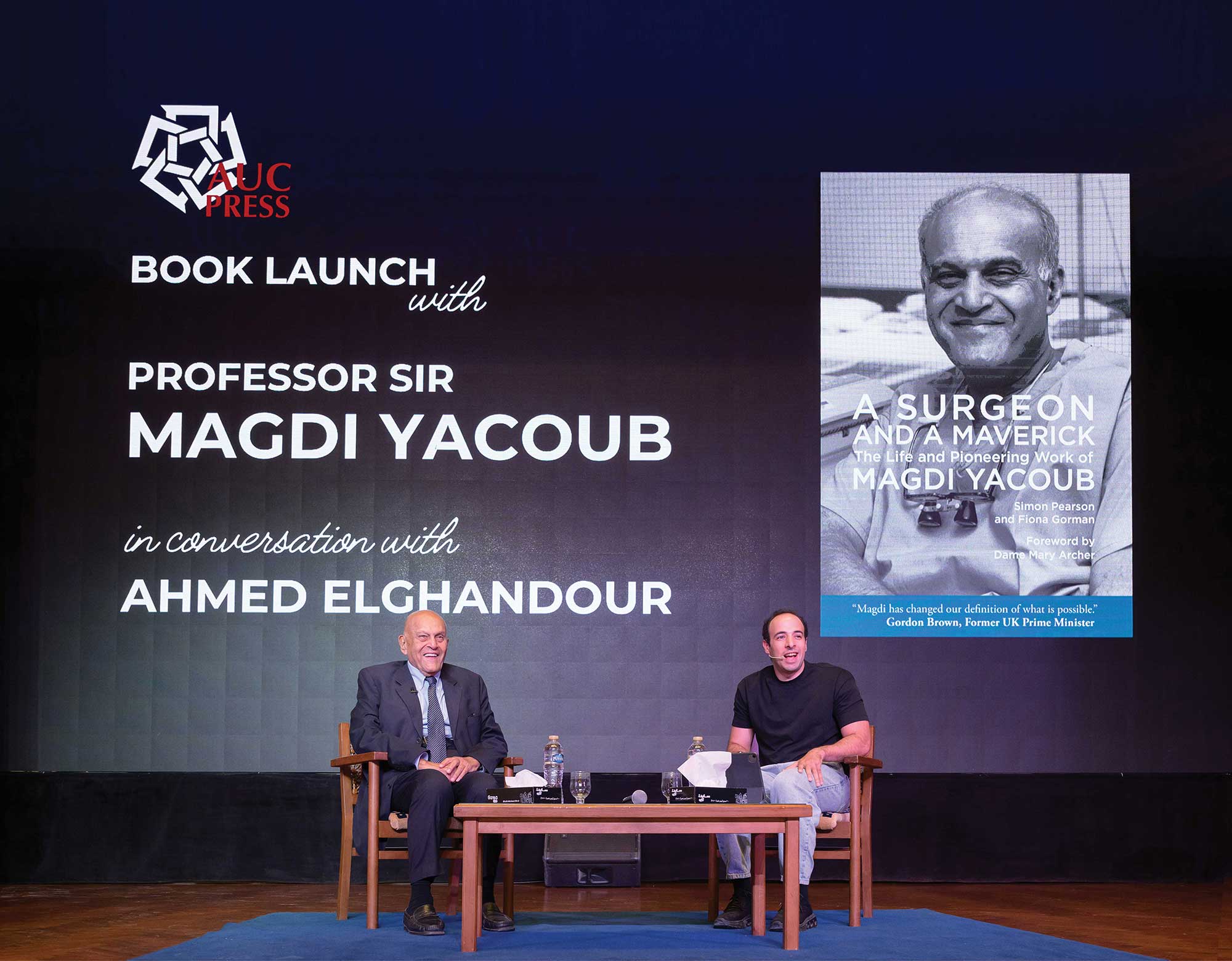 Professor Sir Magdi Yacoub at the launch event for his AUC Press book, in conversation with Ahmed Elghandour '16