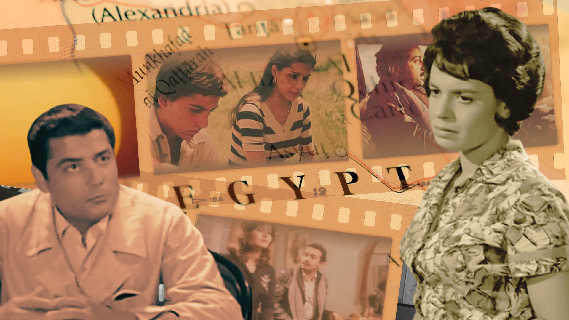 Two film strips of different Egyptian movies overlaid on a map of Egypt, with two cutouts of a man and a woman on top of them.