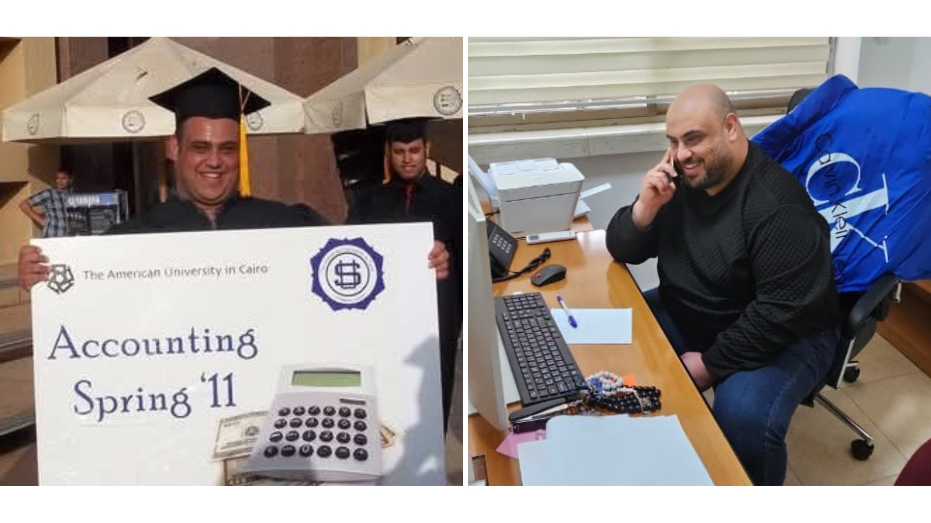 Mohammed Abuzaid at AUC graduation holding a large placard which reads "Accounting Spring '11"; another image of Mohammed Abuzaid at his desk