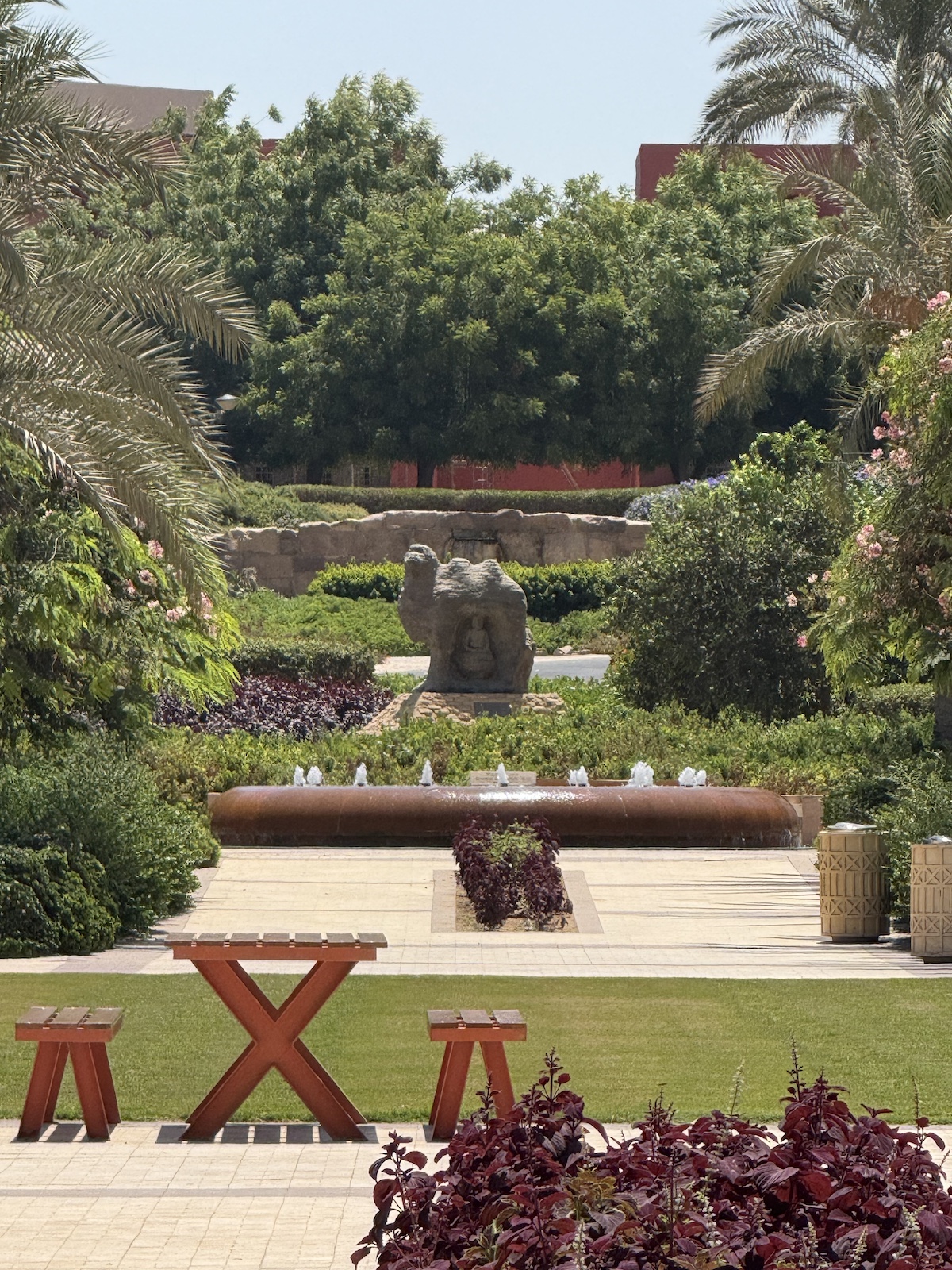 Landscaped garden on AUC campus with a fountain, palm trees, and seating areas surrounded by greenery.