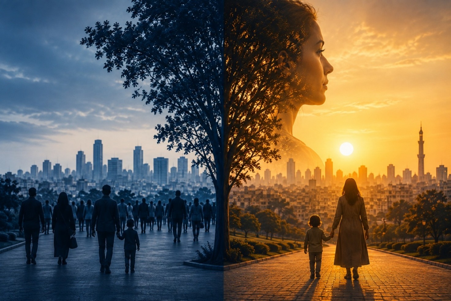 People walking in the sunlight and sunset