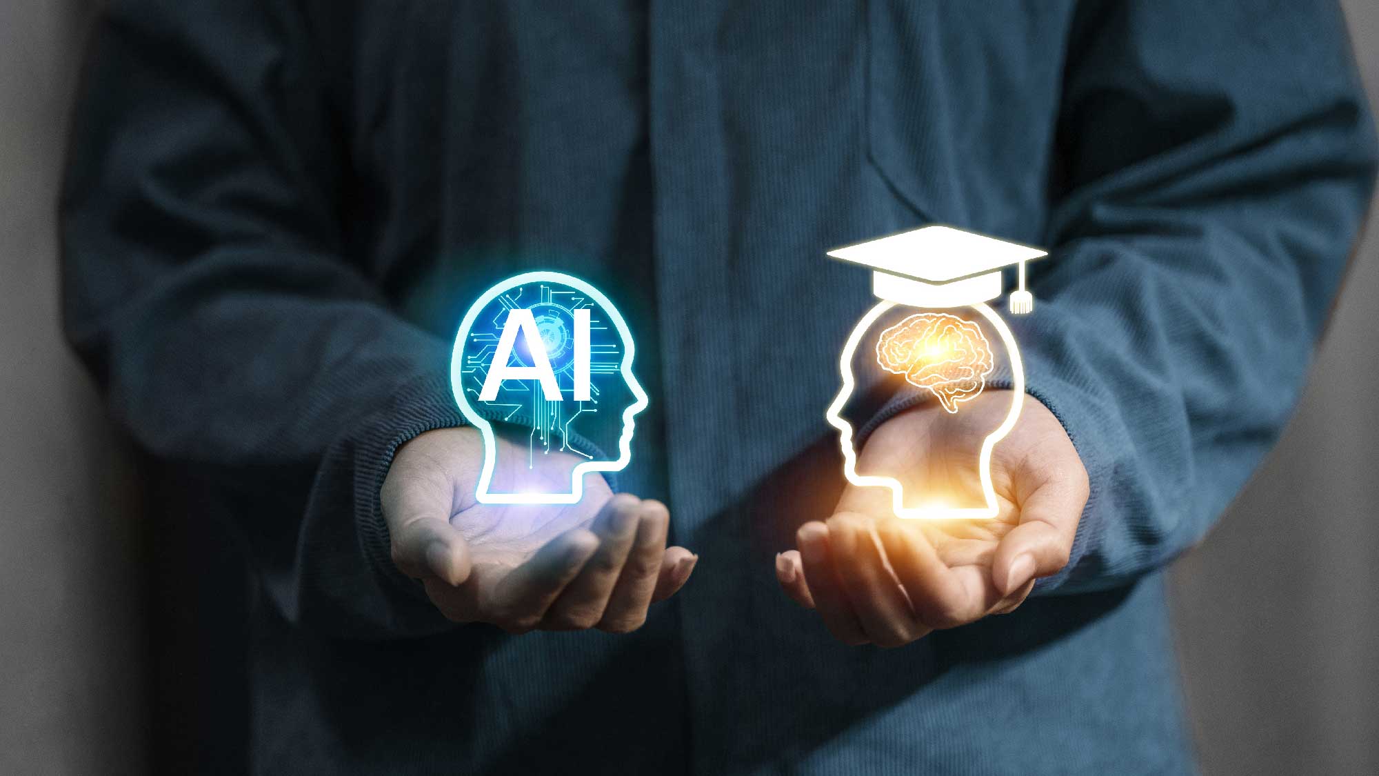 A graphic of someone with their hands out. One hand has a glowing head with "AI" in it, while the other has a glowing head with a graduation cap