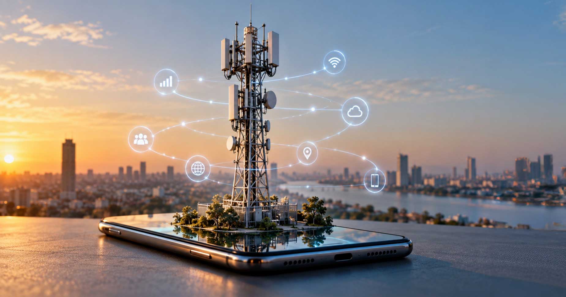 A graphic of a cell tower arising out of a phone with a city skyline in the background