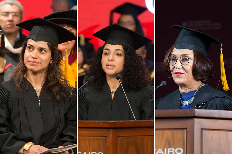 AUC alumnae and Diwan Bookstore co-founders Hind (left) and Nadia (middle) Wassef, as well as jewelry designer and honorary degree recipient Azza Fahmy, spoke at commencement this weekend