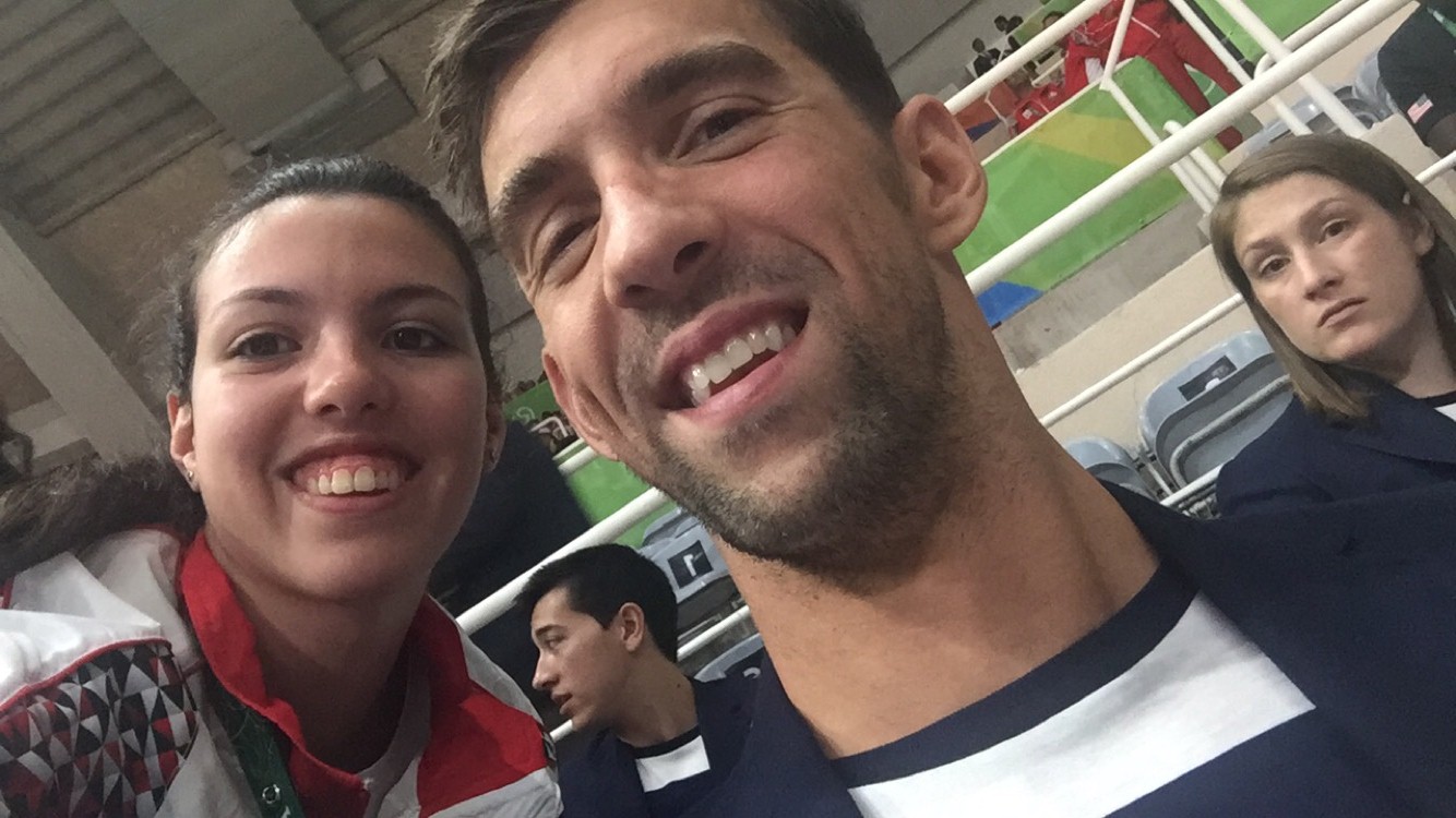 Yossra Ashraf meets U.S. swimmer Michael Phelps at the Rio 2016 Summer Olympics