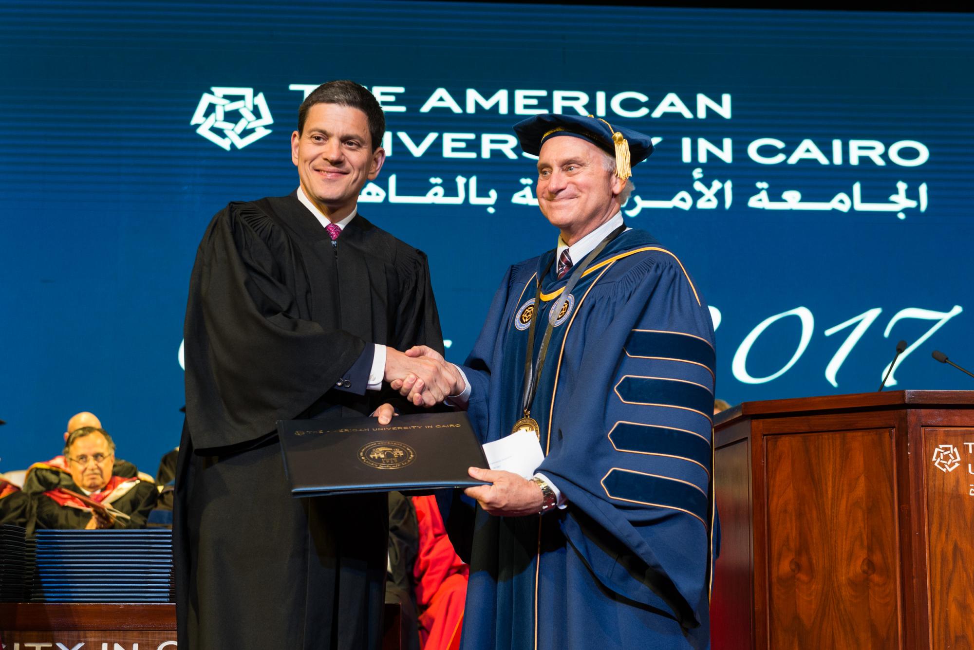 President Ricciardone presented David Miliband, president and CEO of the International Rescue Committee, with an honorary Doctor of Humane Letters (honoris causa) at the 2017 graduate commencement ceremony. 