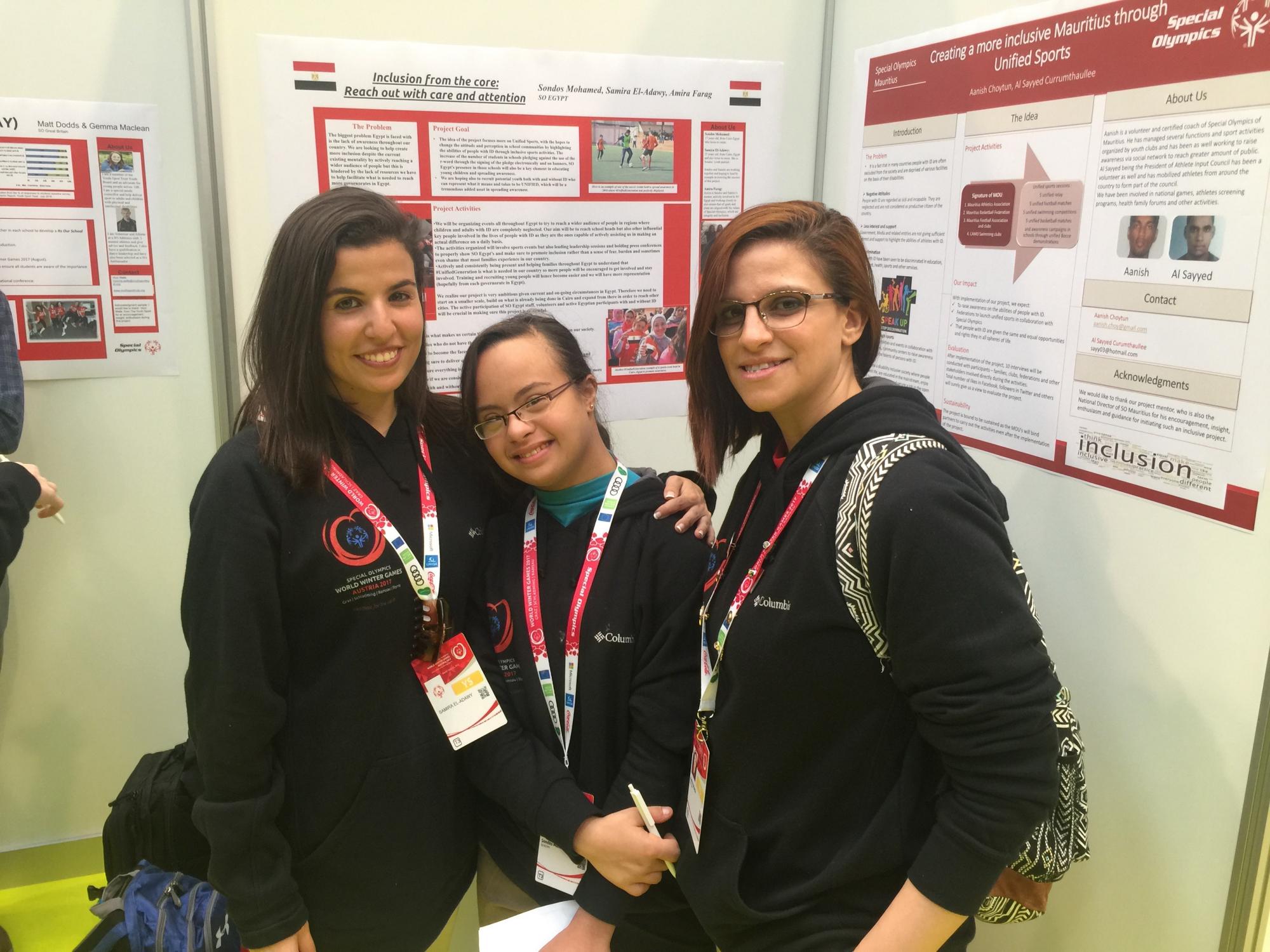 Amira Ahmed, Samira El- Adawy and Sondos Mohamed at the 2017 Global Youth Leadership Summit at the Special Olympics. 