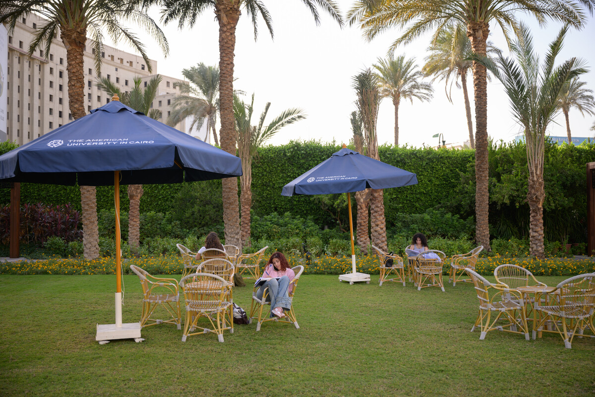 Students sit in an enclosed garden with palm trees
