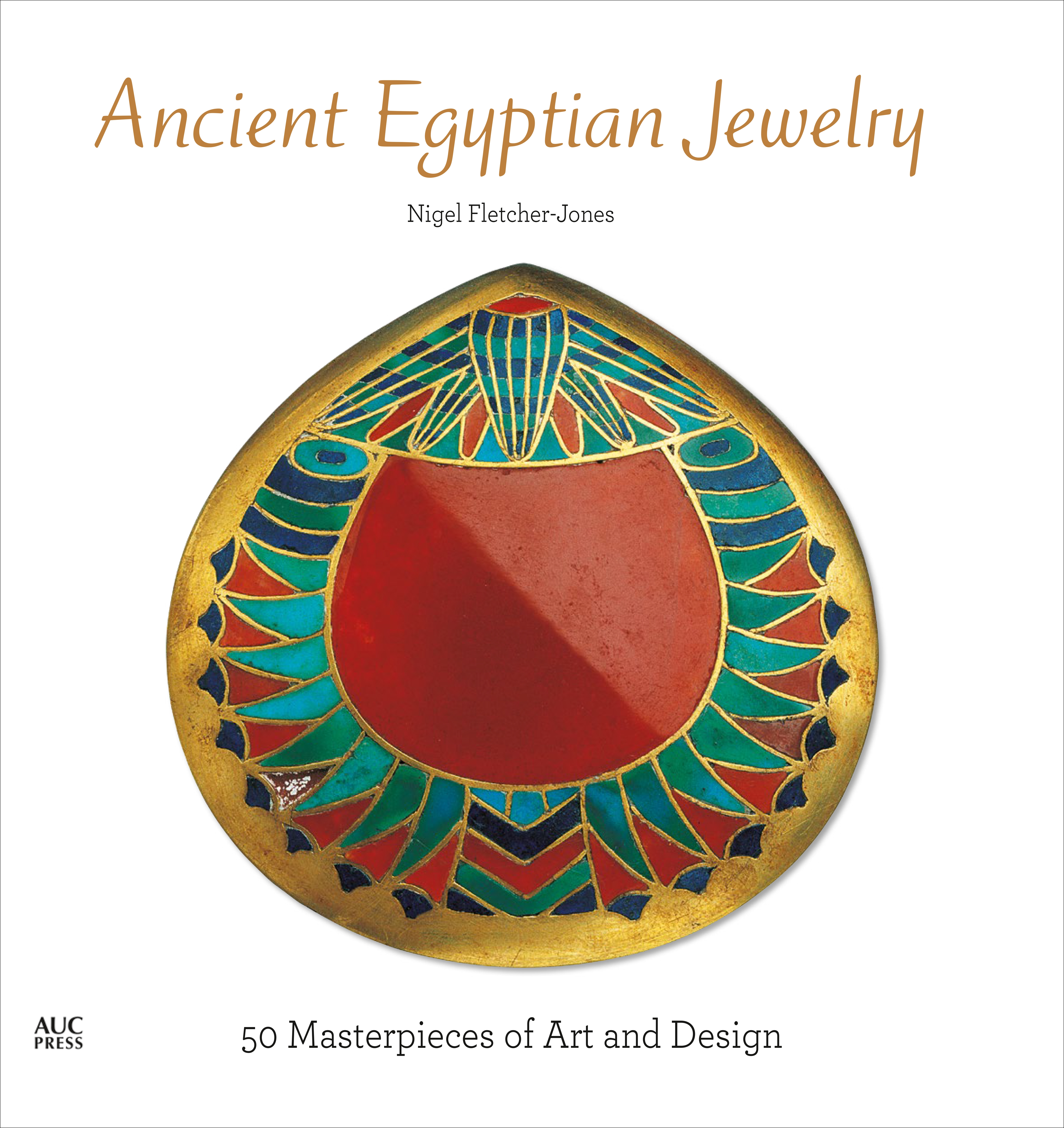 Ancient Egyptian Jewelry book cover featuring a piece of golden and multicolored ancient Egyptian jewlery