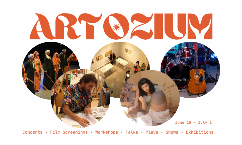 Poster for Artozium featuring theater actors, musicians playing the tabla, an art exhibition, a drum set and acoustic guita, a man drawing on a table in front of an easel and a woman ethcing into a mound of wet clay