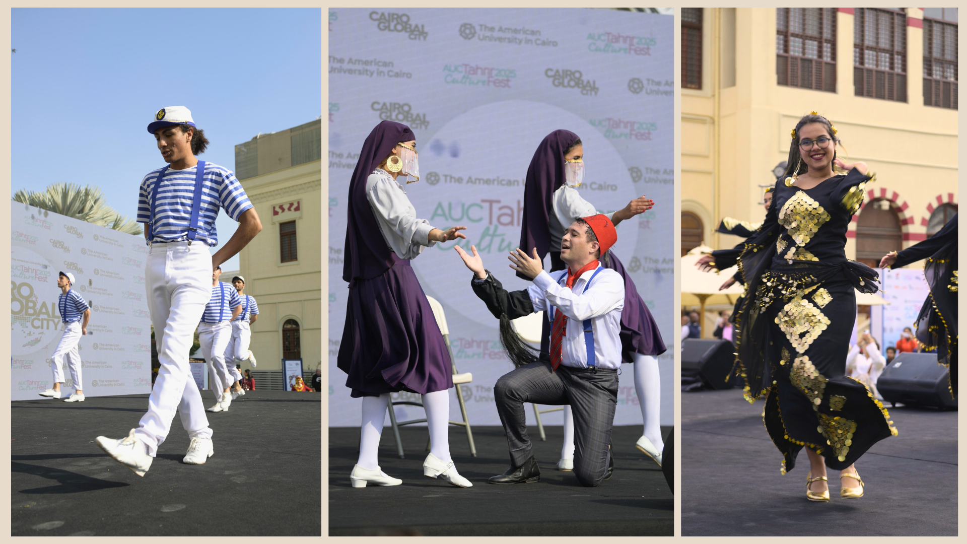 Collage of dancer in a sailor costume doing a funny walk across the stage; couples dance of a man in a tarbouche on his nears before a woman shimmying in traditional costume; a dancer smiles mid spin