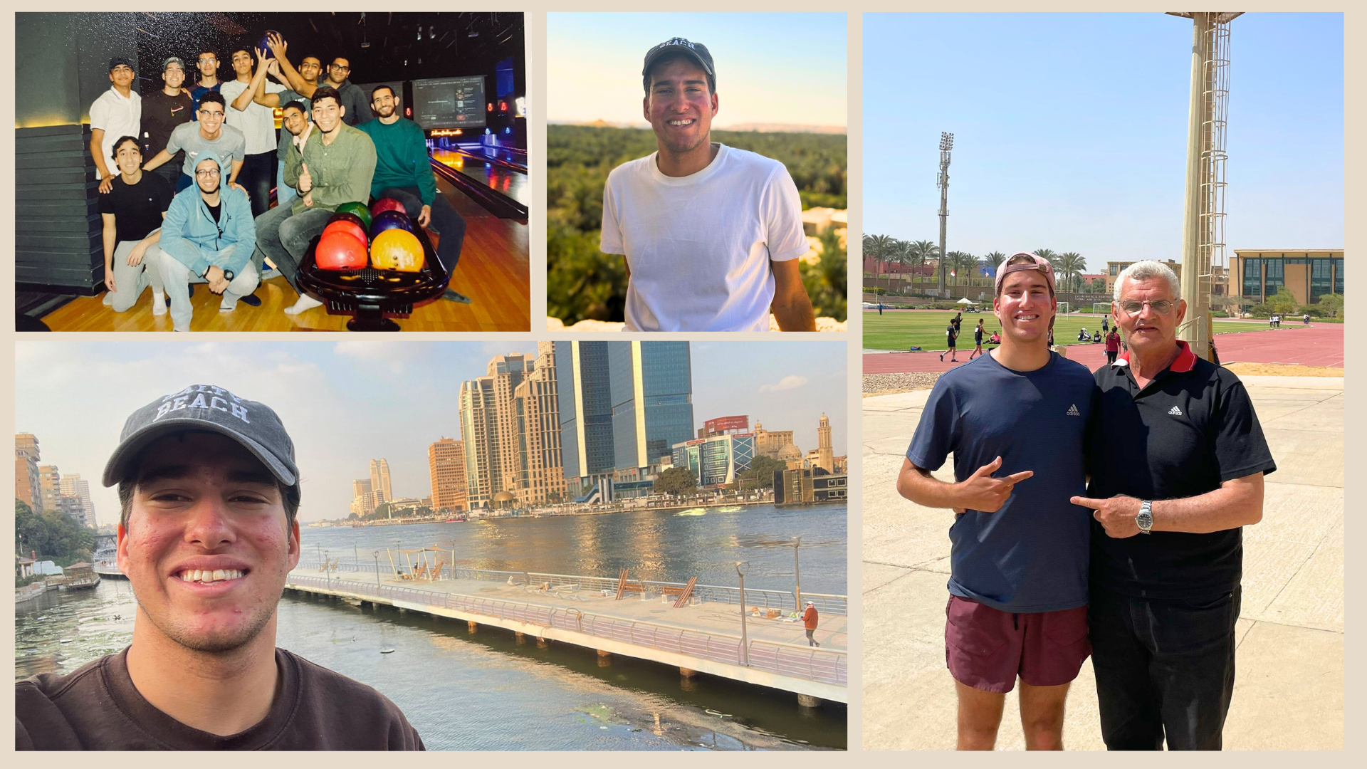 Collage of four images of Feldman: Feldman takes a selfie in front of the Zamalek promenade; Feldman in a group picture of Egyptian men at a bowling alley; Feldman in an outdoor heashot; Feldman at the AUC track, posing with an AUC coach. Note that Feldman wears a baseball cap in each of these images.