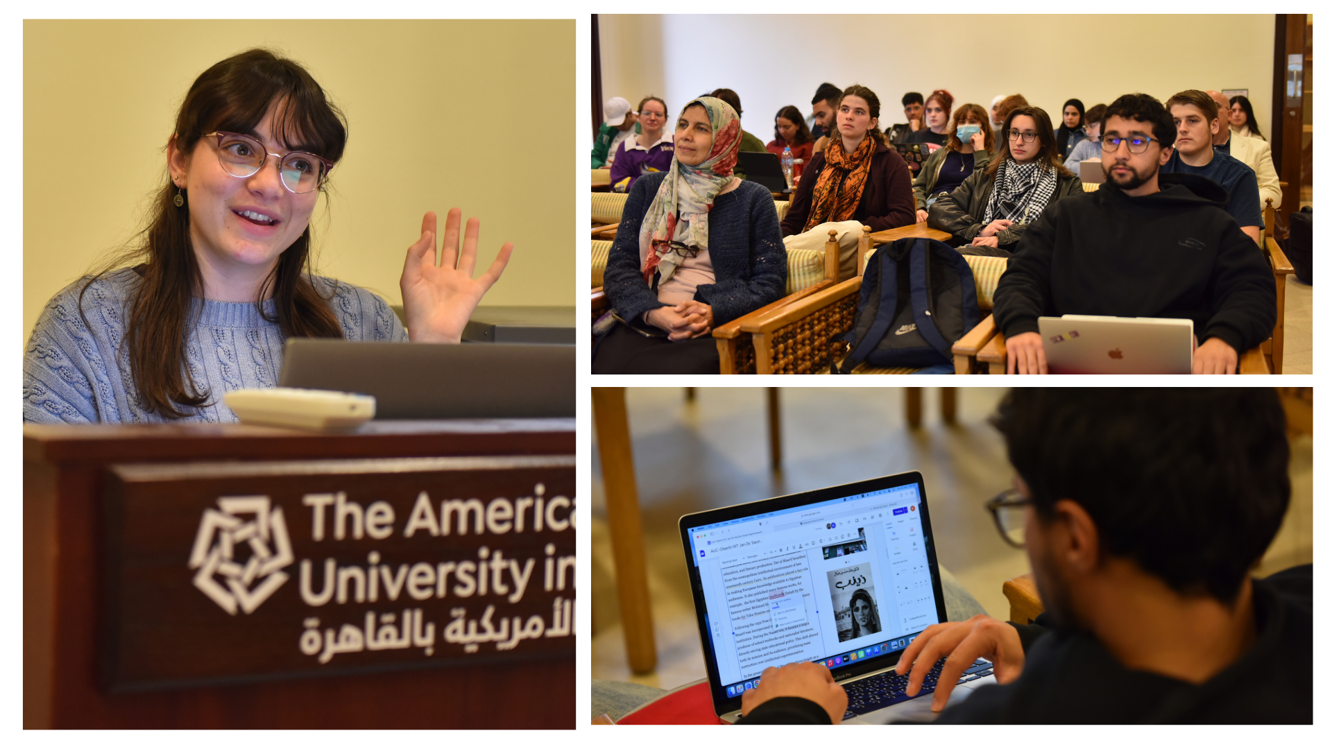 A student speaks at a podium; a student edits a document on their laptop; a group of students and an instructor sit in chairs facing a screen