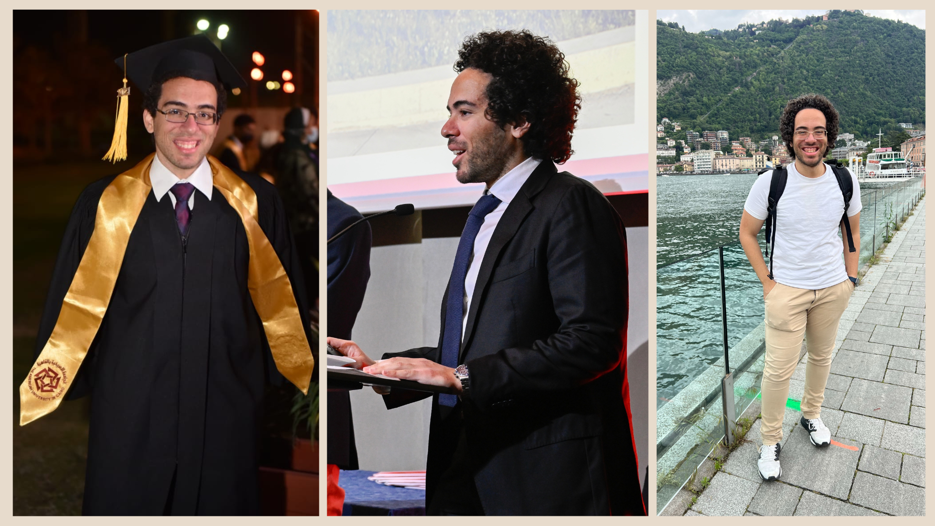 Mohamed Samy Abdallah smiles at graduation at AUC; Mohamed Samy Abdallah at the EPFL in Switzerland giving a speech onstage; Mohamed Samy Abdallah smiling happily while wearing a backpack in front of a scenic background (green mountain and river) on his travel adventures.