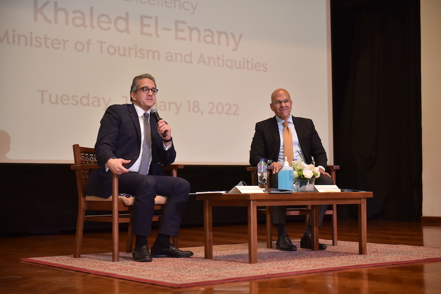 Khaled El-Enany, Egypt's Minister of Tourism and Antiquities, during a Q&A session at the Nadia Younes Memorial Lecture