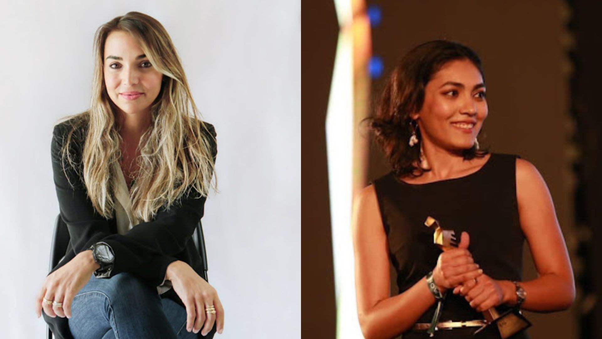 On the left, a picture of Dina Aly '04 crossing her legs while sitting on a chair and smiling at the camera; on the right, Fatma El Shenawy ‘14 stands on a stage and looks away from the camera while smiling and holding an award