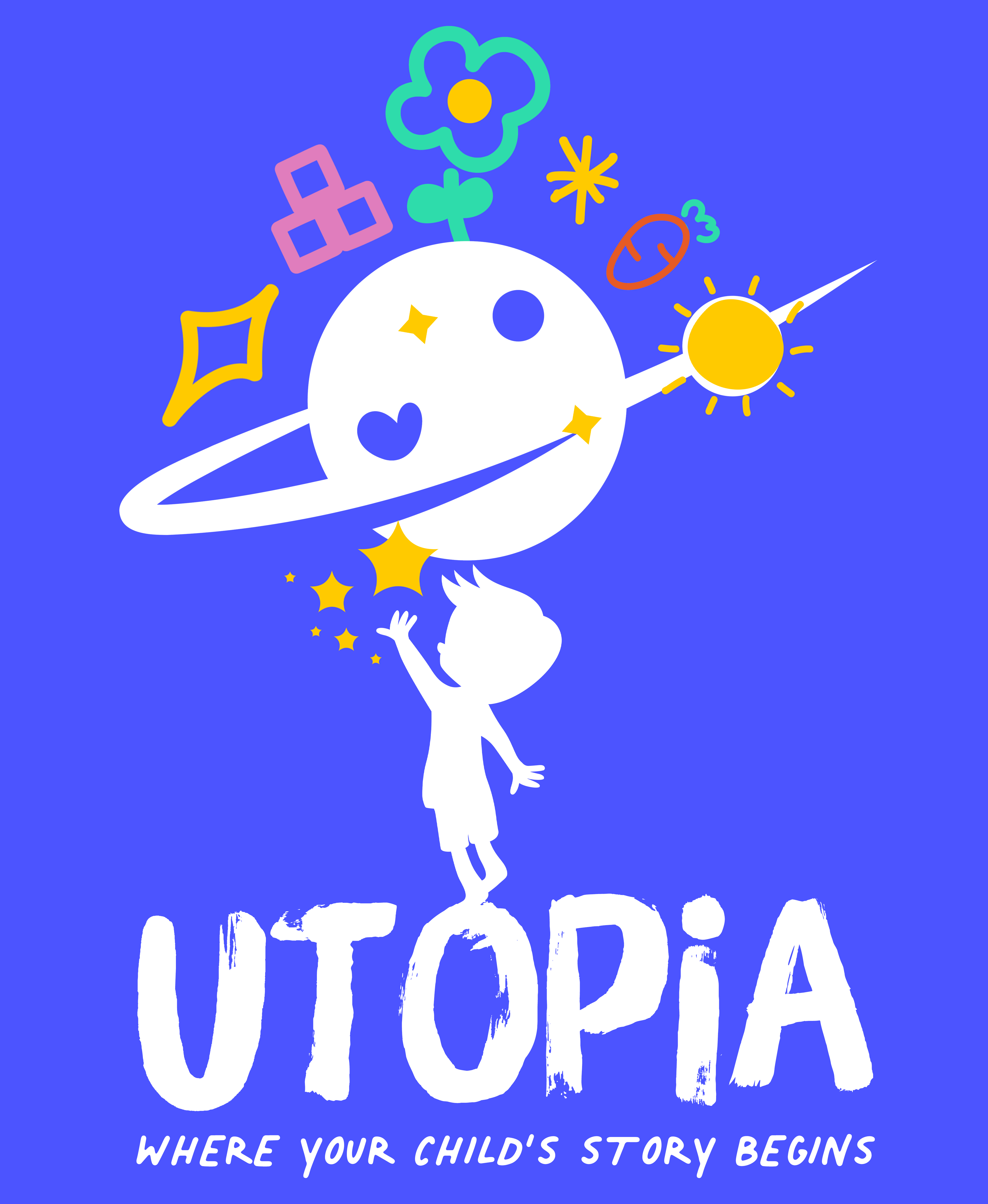 A silhouette of a boy touching stars and a planet, text: Utopia, Where your child's story begins