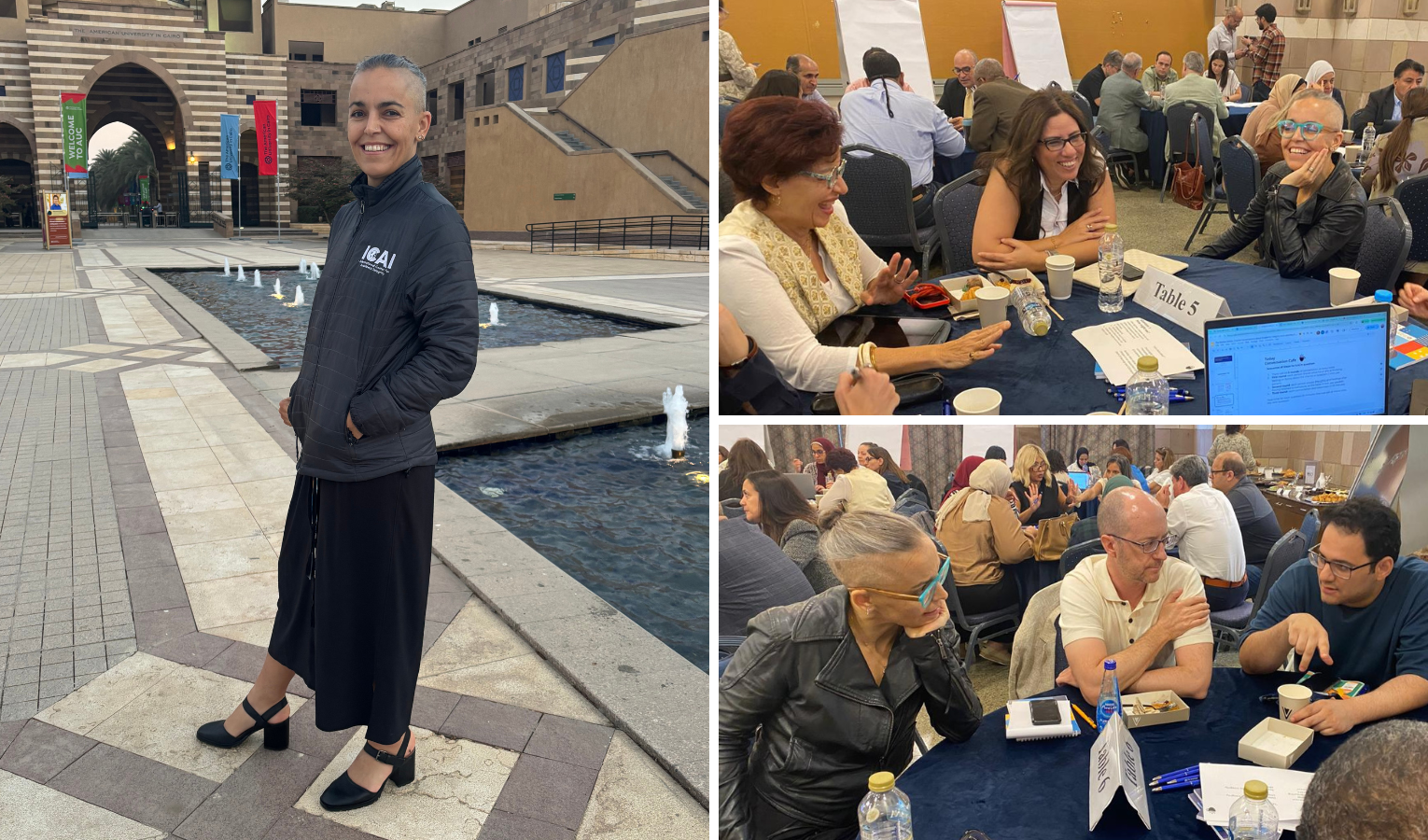 Greer Murphy stands in front of a university fountain; Greer Murphy sits at a roundtable with faculty members